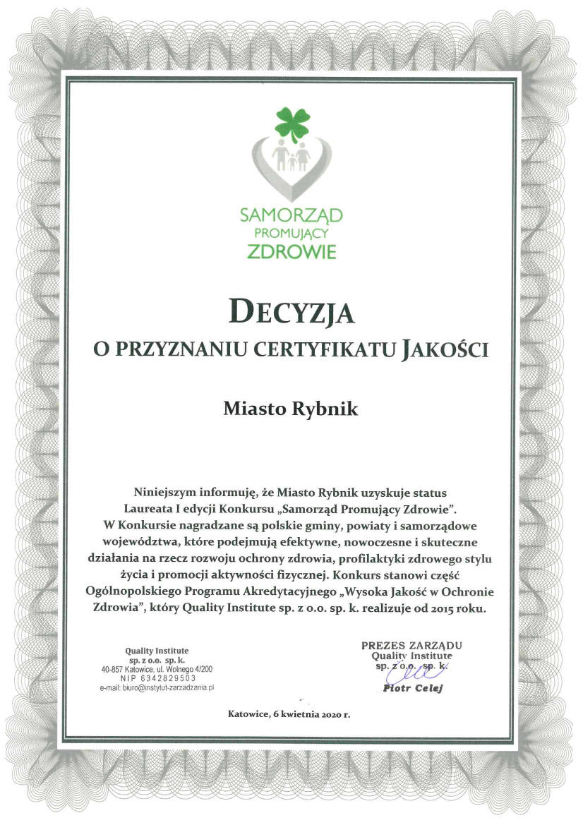 Certyfikat dla Miasta Rybnika